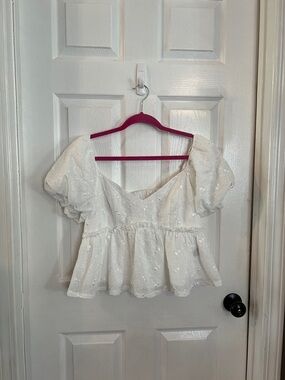Trixxi White Puff Sleeve Eyelet Peplum Blouse